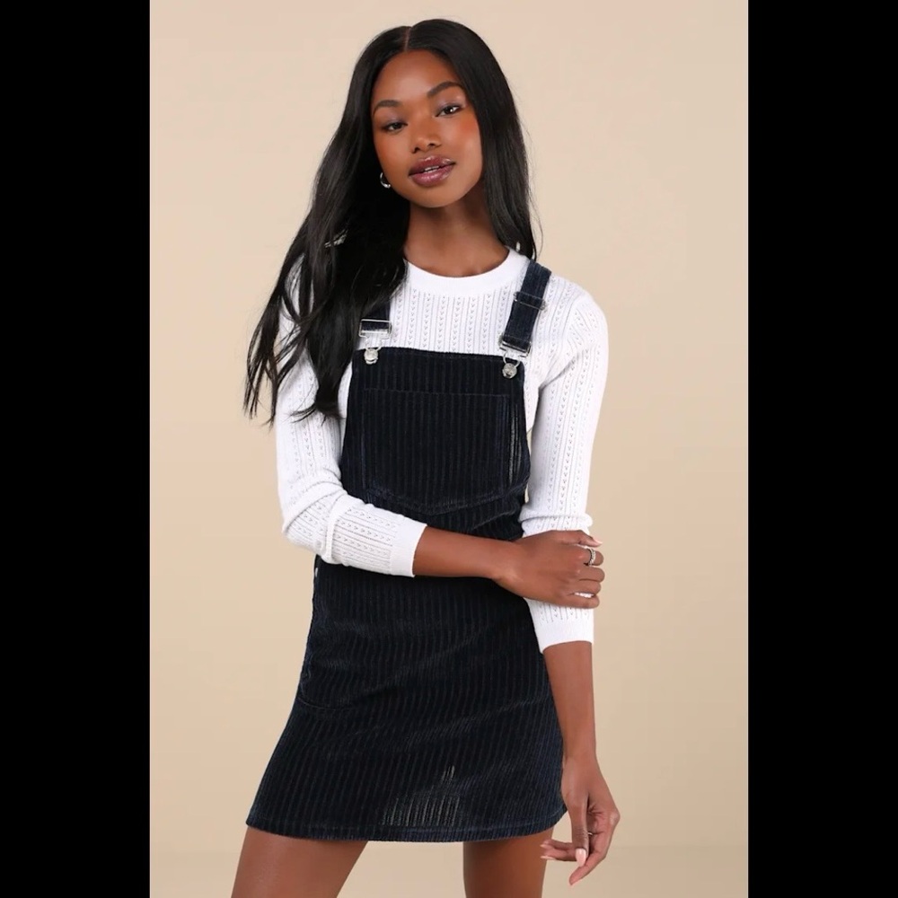 NWT LULUS Sweet Reputation Navy Corduroy Overall Mini Dress With Pockets
